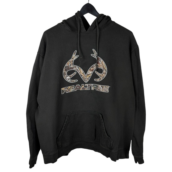 Mens Y2K Realtree Camo Black Center Logo Hunting Hoodie Size 2XL